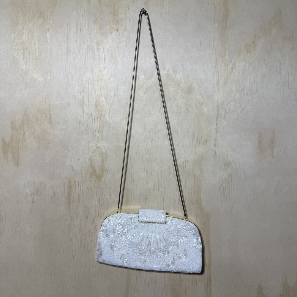 Vintage White Beaded Evening Clutch Purse Wedding Bridal Formal Shoulder Bag